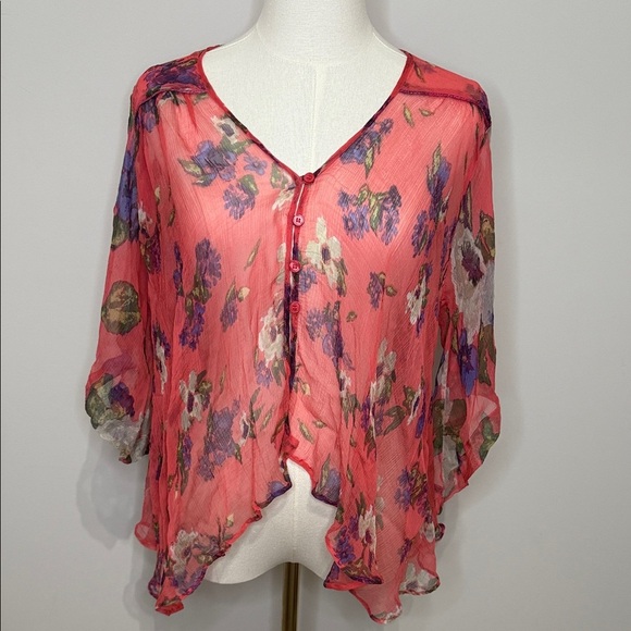 Free People Size SP Vibrant Floral Sheer Blouse V-neck 100% Viscose - Picture 1 of 8